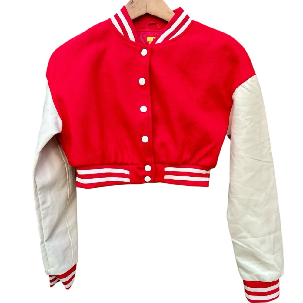 NWT Daisy Varsity Vegan Leather cropped bomber jacket Sz. Medium
